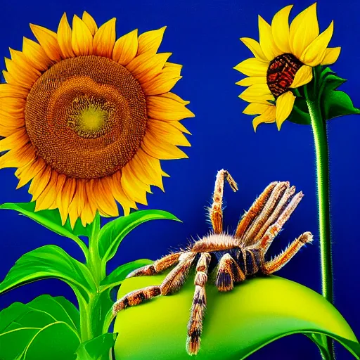 Prompt: still life of a foot, a tarantula, and a sunflower, blue background, dynamic composition, saturated colors