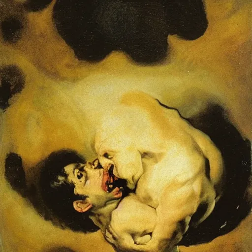 Image similar to saturn devouring his son, painting by francisco goya, oil painting