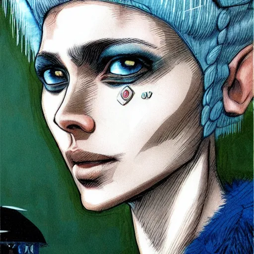 Image similar to intricate portrait, pure blue skin, short white hair, cinematic, in the style of enki bilal!