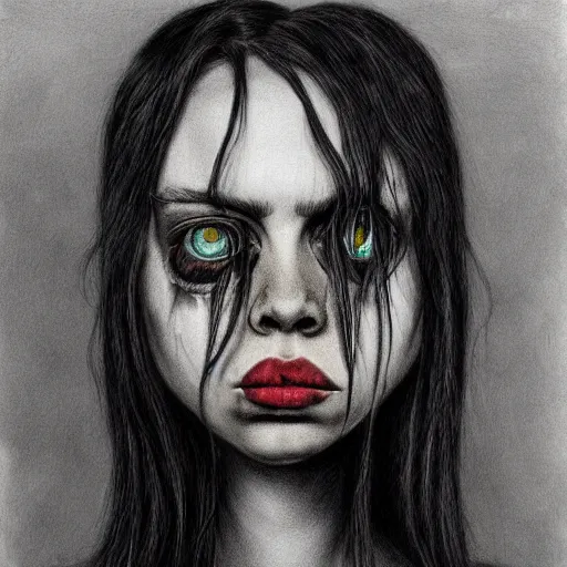 Prompt: grunge drawing of billie eilish by - Zdzisław Beksiński , loony toons style, horror themed, detailed, elegant, intricate