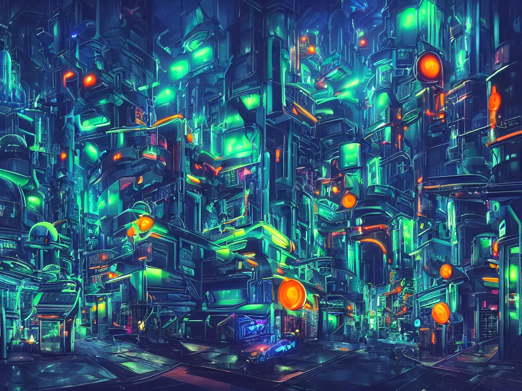 Prompt: futuristic sci-fi city at night with bright neon lights contrasting heavily with dark ominous buildings in three point perpective, primarily blue in color with orange and green accents, in the style of esao andrews, oil painting, pop surrealism, cartoon-tainted abstract surrealism, vibrant, contrast, 4k, volumetric, HDR, crisp, detailed, beautiful, dynamic, colorful, spacious, reflective windows, futuristic cars, people, robots, sharp detailed reflections