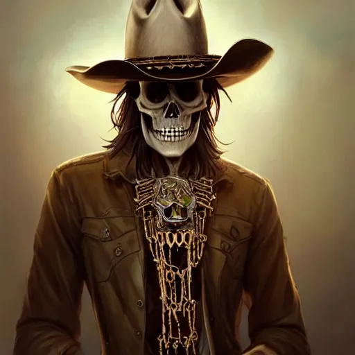 Prompt: a skeleton wearing a cowboy hat and a golden chain around the neck,Character design by charlie bowater, ross tran, artgerm, and makoto shinkai, detailed, inked, western comic book art, 2021 award winning painting,digital art,ultra realistic,ultra detailed,art by greg rutkowski,detailed face,photorealistic,hyperdetailed