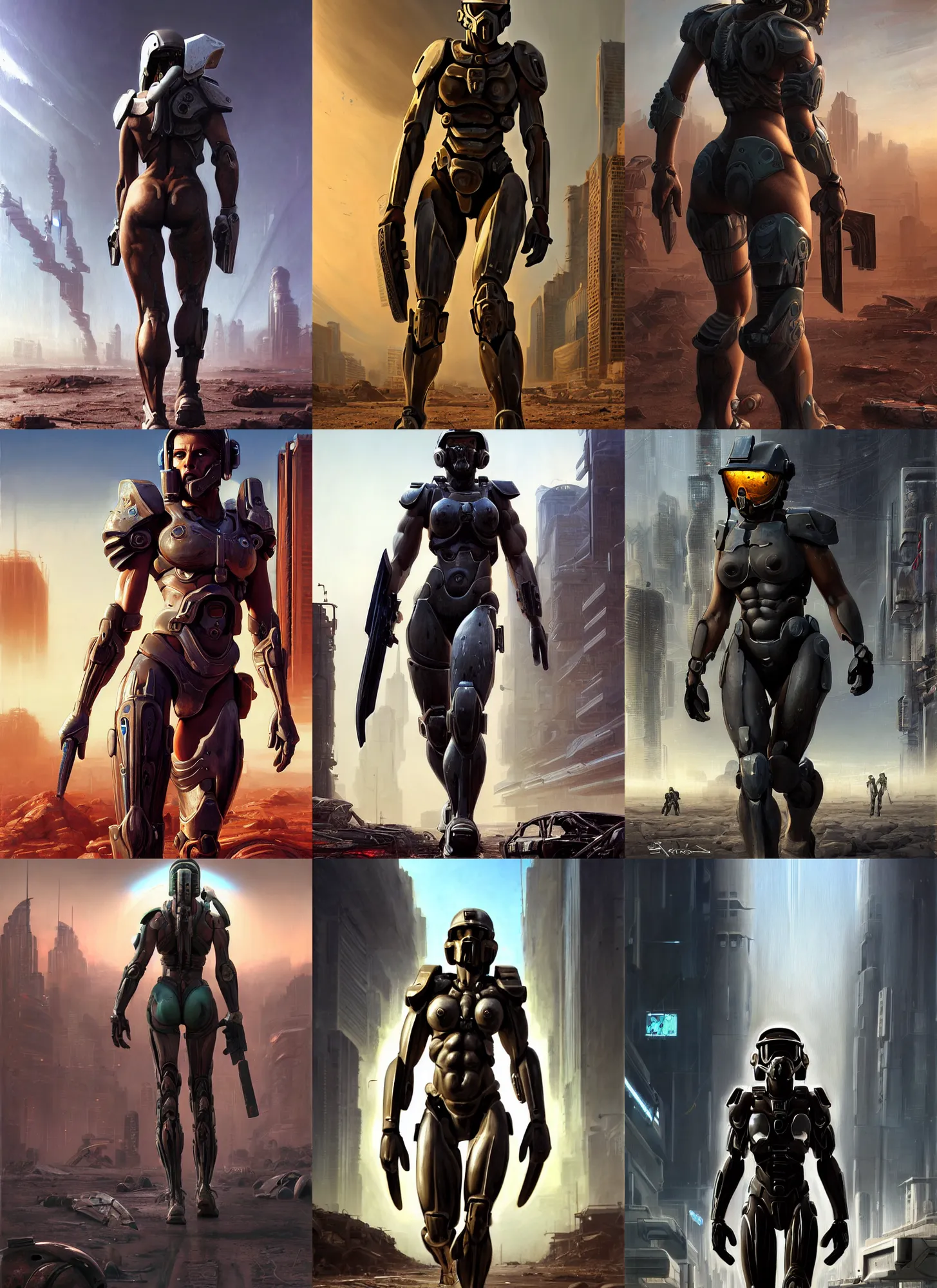 Prompt: realist painting of a muscular female halo spartan walking across a cyberpunk wasteland with no helmet, female face, symmetrical face details, ultra realistic, very highly detailed, 8K, octane, Digital painting, concept art, illustration, rule of thirds, sharp focus, centered, rubber suit, Ron Cobb, Syd Mead