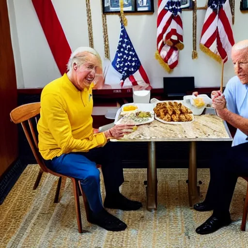 Image similar to photograph of trump and Biden sitting and eating breakfast at a Wafflehouse