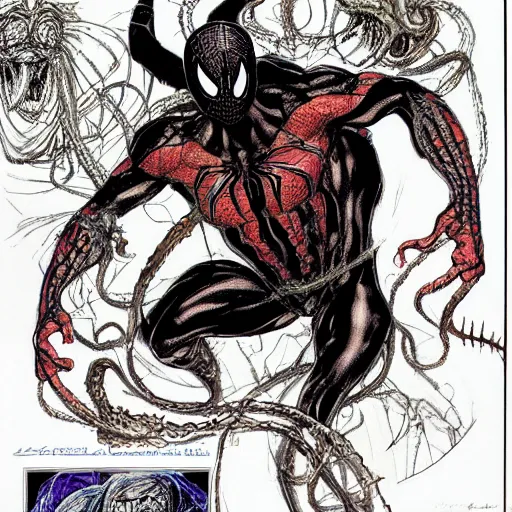 Prompt: venom from spiderman, mental health, psychology :: Concept Art, Highly Detailed, intricate :: a masterpiece by M.W. Kaluta