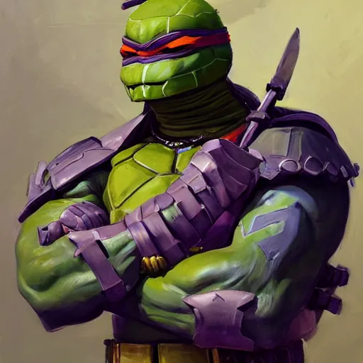 Image similar to greg manchess portrait painting of armored donatello of tmnt as overwatch character, medium shot, asymmetrical, profile picture, organic painting, sunny day, matte painting, bold shapes, hard edges, street art, trending on artstation, by huang guangjian and gil elvgren and sachin teng