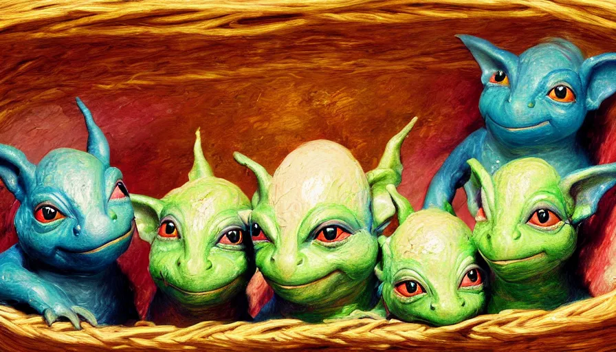 Prompt: highly detailed painting of boglins cuddling up in a basket by william turner, thick brush strokes and visible paint layers, 4 k resolution