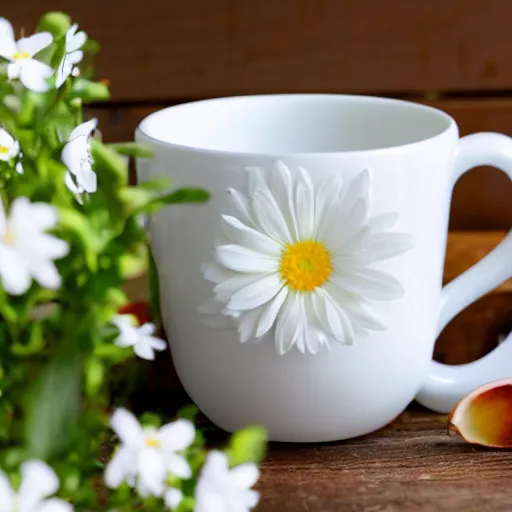 Image similar to bright white room showcasing ceramic mug surrounded by white flowers, green leaves, and pears, soft zen minimalist, white background, bright, crisp