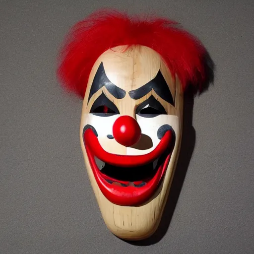 Image similar to wooden clown mask with long fang like incisors