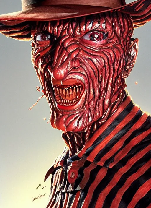 Image similar to Freddy Krueger, highly detailed, centered, solid color background, digital painting, artstation, concept art, smooth, sharp focus, illustration, Jason Edmiston, donato giancola, Joseph Christian Leyendecker, Les Edwards, Ed Repka, WLOP, Artgerm