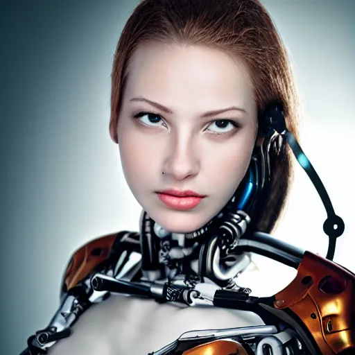 Prompt: portrait photo of a beautiful female cyborg Renaissance style