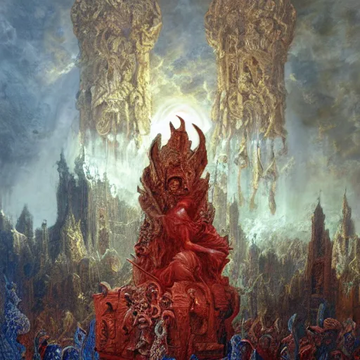 Prompt: the holy castle of Persephone along with hades, bright in fury, red and blue, with demon statues, hyperdetailed, artstation trending, world renowned artists, worth1000.com, historic artworks society, antique renewel, cgsociety, by greg rutkowski, by Gustave Dore, Deviantart