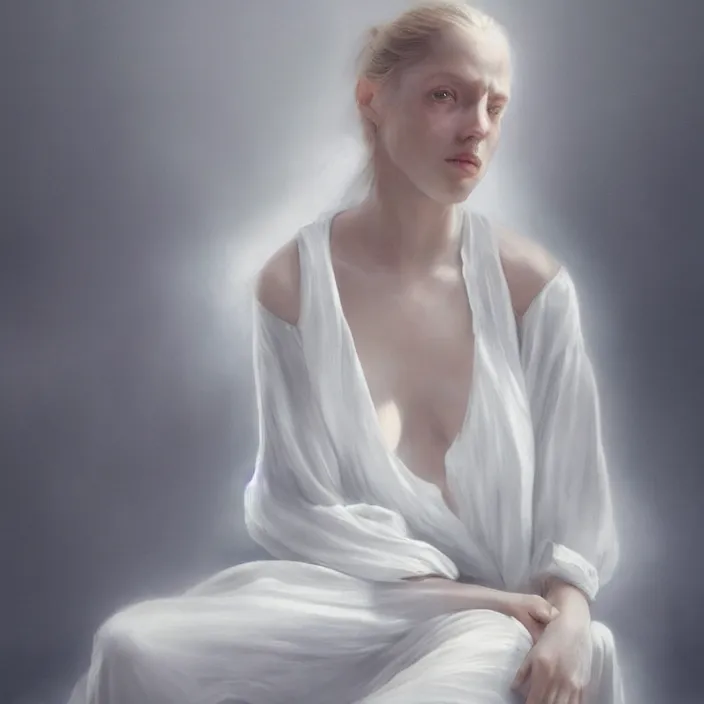 Prompt: a wonderful realistic portrait of a lonely woman who is dressed with a wonderful, majestic, large semi transparent white cotton dress, accent white lighting, dramatic light, octane render by roberto ferri, fantasy art, photo realistic, dynamic lighting, unreal engine rendered, artstation, poster, dramatic light, - 8 k, award winning