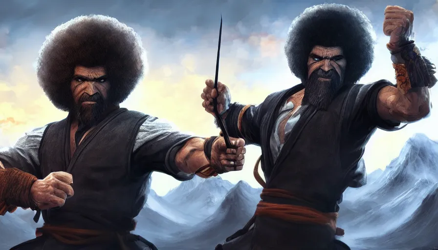 Image similar to Bob Ross in Mortal Kombat, hyperdetailed, artstation, cgsociety, 8k