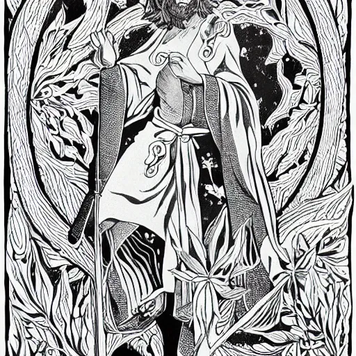 Image similar to black and white pen and ink!!!!!!! Suprani!!!!! wizard Nick Drake wearing High Royal flower print robes flaming!!!! final form flowing ritual royal!!! Contemplative stance Vagabond!!!!!!!! floating magic swordsman!!!! glides through a beautiful!!!!!!! Camellia!!!! Tsubaki!!! death-flower!!!! battlefield behind!!!! dramatic esoteric!!!!!! Long hair flowing dancing illustrated in high detail!!!!!!!! by Hiroya Oku!!!!!!!!! graphic novel published on 2049 award winning!!!! full body portrait!!!!! action exposition manga panel black and white Shonen Jump issue by David Lynch eraserhead and beautiful line art Hirohiko Araki!! Frank Miller, Kentaro Miura!, Jojo's Bizzare Adventure!!!! 3 sequential art golden ratio technical perspective panels horizontal per page