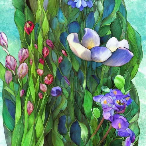 Prompt: synthetic elements of gouache painting of flowers source material collection, style of studio ghibli, makoto shinkai, raphael lacoste, louis comfort tiffany, artgerm, james jean, ross tran