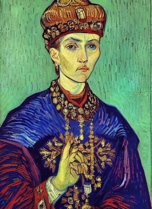 Image similar to !! portrait of a byzantine empress!! by van gogh, detailed face, symmetrical painting, beautiful expressionist oil painting masterpiece, 8 k resolution, smooth, sharp focus, pastel color palette, trending on artstation