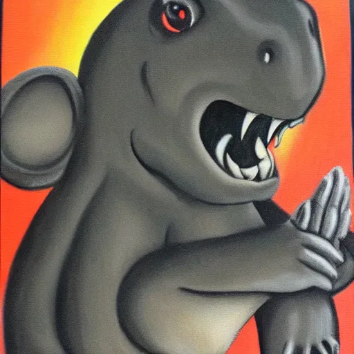 Image similar to dinosaur mouse, scary pose, retro painting