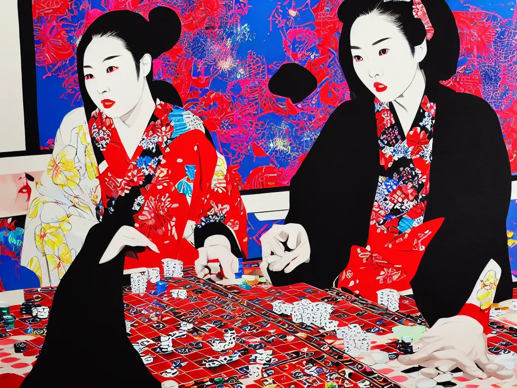 Image similar to hyperrealism composition of the detailed woman in a japanese kimono sitting at an extremely detailed poker table with darth vader, fireworks on the background, pop - art style, jacky tsai style, andy warhol style, acrylic on canvas