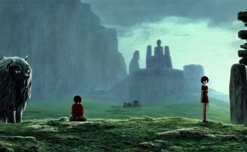 Image similar to movie still from princess mononoke ( 1 9 9 7 ) showing a highly detailed landscape with a giant long - haired buddha in lotus position with stonehenge in the background. 1 9 8 0 s science fiction, 1 9 7 0 s science fiction, cyberpunk, moody, misty, depth perception, 4 k, artstation