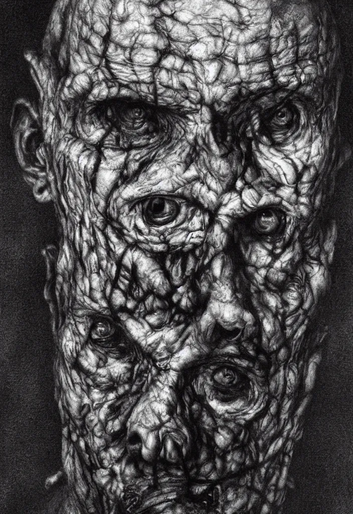 Image similar to extreme closeup portrait of a zombie face made of people, creepy atmosphere, dark, portrait, very realistic, illustration by gustave dore