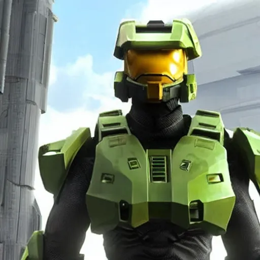 Prompt: Donald Trump wearing the suit of Master Chief from Halo, holding the helmet, gameplay screenshot, cinematic trailer, E3