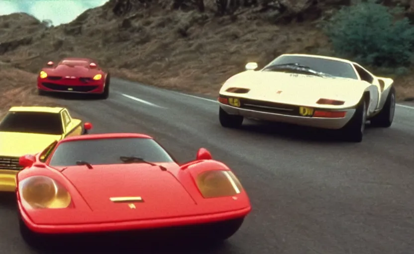 Image similar to film still of a Ferrari and a Porsche drifting in the Cannonball Run movie, 4k