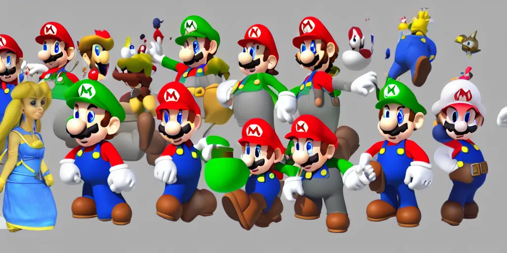 Prompt: lineup of all of the characters from Super Mario, 3D render, simple background