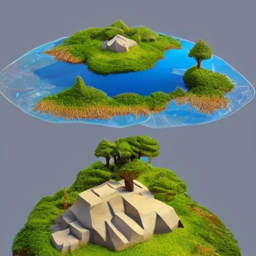 Image similar to a floating island on an aquatic environment isometric art, lago de sorapis landscape, low poly art, game art, artstation, 3D render, high detail, cgsociety, octane render