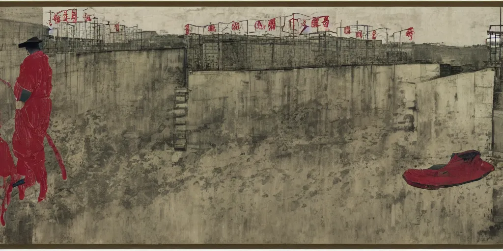 Image similar to a chinese prison near a river by peter doig, overlaid with chinese adverts