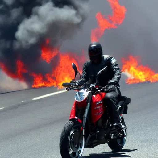 Prompt: Keanu reeves Riding a motorcycle Through Fire 4K detail