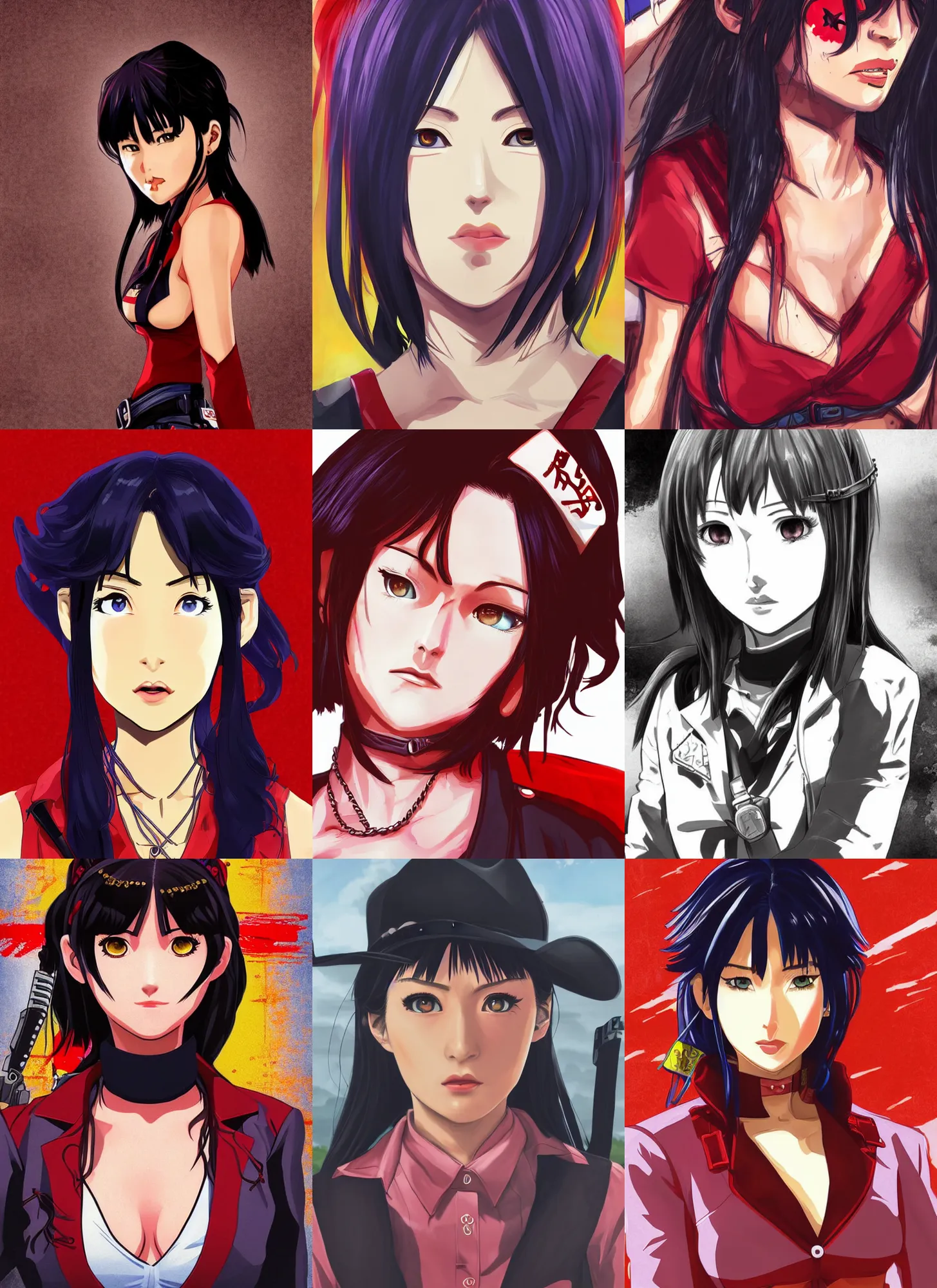 Prompt: misato katsuragi, red dead redemption art style, rockstar games art, semi realistic anime, portrait, beautiful face, symmetrical face