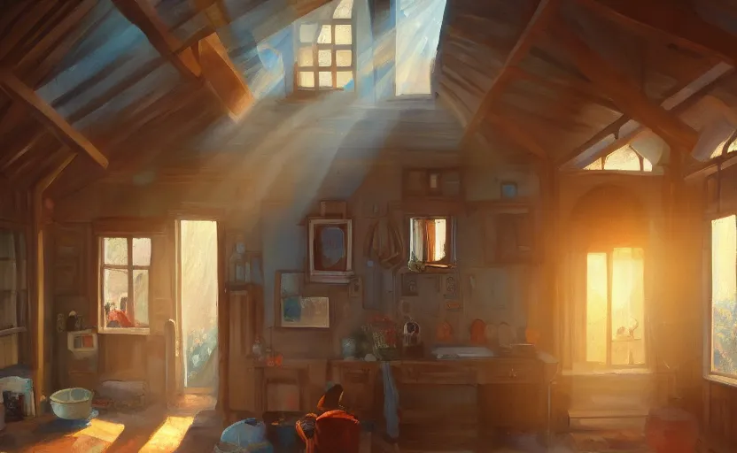 Image similar to rays of the morning sun shining through the window of the village house. very beautiful, clear sky, warm shiny colors, oil painting, high detail, trending on artstation