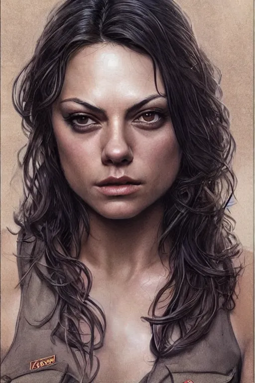 Image similar to tough Mila Kunis as a ruggedly handsome heroine, intricate, elegant, highly detailed, centered, artstation, concept art, smooth, sharp focus, illustration, bokeh art by artgerm and donato giancola and Joseph Christian Leyendecker, WLOP