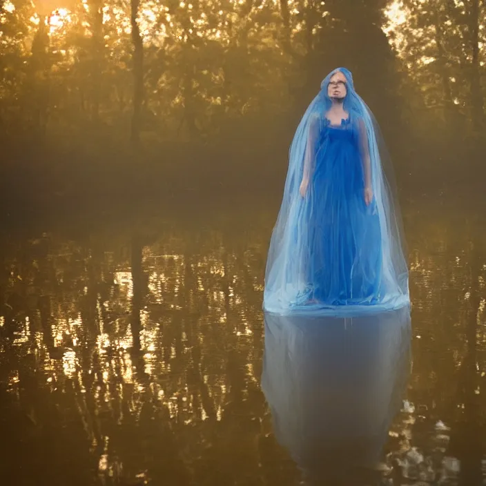 Image similar to a closeup portrait of a woman wrapped in plastic, standing next to a levitating blue sapphire orb, in a foggy pond, golden hour, dusk, color photograph, by vincent desiderio, canon eos c 3 0 0, ƒ 1. 8, 3 5 mm, 8 k, medium - format print