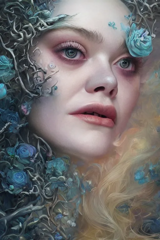 Image similar to closeup portrait shot of elle fanning as delirium of the endless, the sandman, the fairy queen, floral growth, thick fancy makeup, highly detailed, digital painting, artstation, concept art, soft focus, depth of field, artgerm, tomasz alen kopera, peter mohrbacher, donato giancola, wlop, boris vallejo