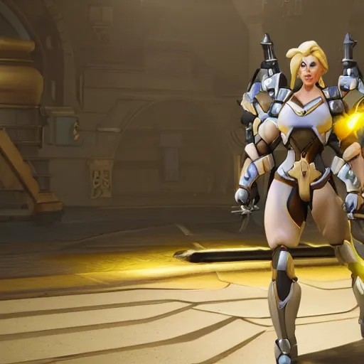 Image similar to a screenshot of arnold schwarzenegger as mercy in overwatch, full body shot