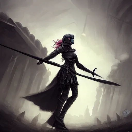 Image similar to a girl in black armor holding a scythe, medieval soldiers marching, dark fantasy concept art, by andreas rocha