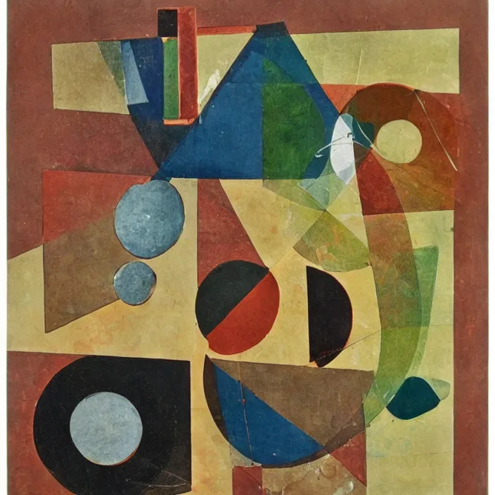 Image similar to an artwork by kurt schwitters, mix of geometric and organic shapes, both bright and earth colors, mixed media