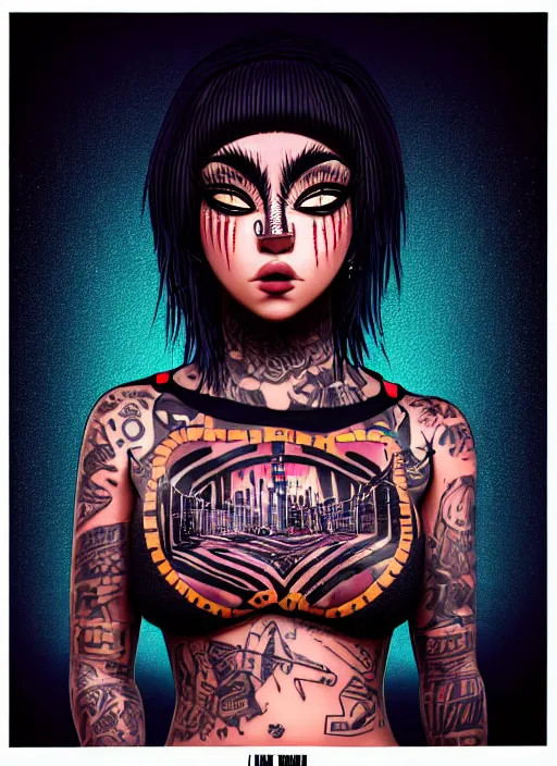 Image similar to a streetwear Studio Trigger style mixed woman wearing thick mascara, crying, a city on fire in the background, police lights shine on her face, tattoos, dark glitter, Cinestill 50d, 4k, 8k, hd, full color, octane render, trending on artstation, highly detailed