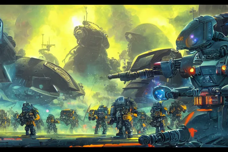 Prompt: futuristic battlefield, warhammer 4 0 k, space marines, colorful, epic, digitally painted by tim doyle, kilian eng and thomas kinkade, centered, uncropped