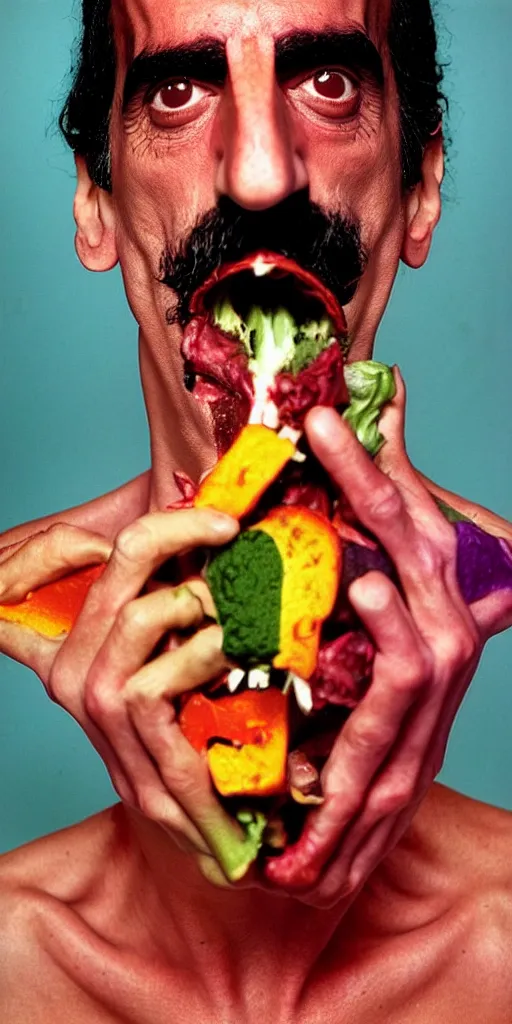 Image similar to award winning photo of frank zappa eating himself, vivid colors, happy, symmetrical face, beautiful eyes, studio lighting, wide shot art by Sally Mann & Arnold Newman