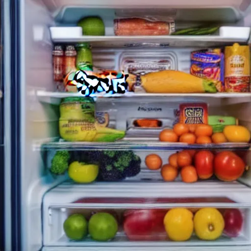 Image similar to fridge full of food, highly detailed, high quality, HD, 4k, 8k, Canon 300mm, professional photographer, 40mp, lifelike, top-rated, award winning, realistic, sharp, no blur, edited, corrected, trending