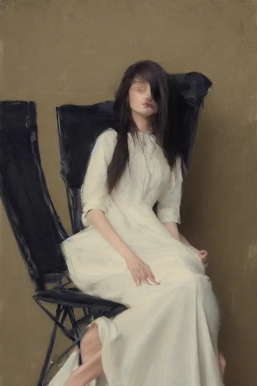 Prompt: girl with long hair, silk dress, high heels, sitting on designer chair, by jeremy lipking