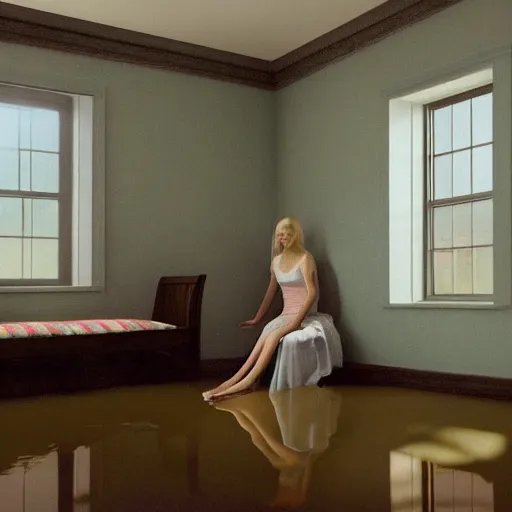 Prompt: octane render of Elle Fanning in a flooded house interior, by Edward Hopper and Andrew Wyeth, extremely detailed masterpiece