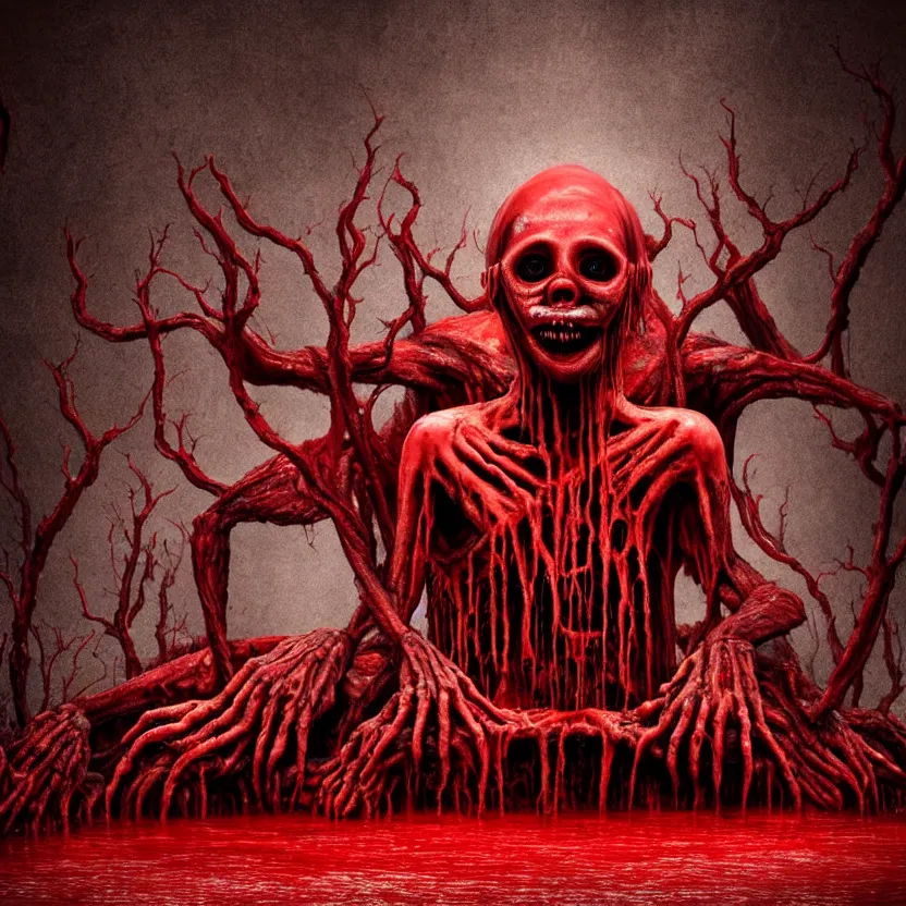 Image similar to a portrait of ( a monster with five heads, twelve arms, and sixteen legs ), sitting on ( chair made of human limbs ), ( the chair is floating in a lake of blood ), ( in the lake is a giant melting tree ), digital art, hyperrealistic nightmare scene, supernatural, highly detailed, creepy, terrifying