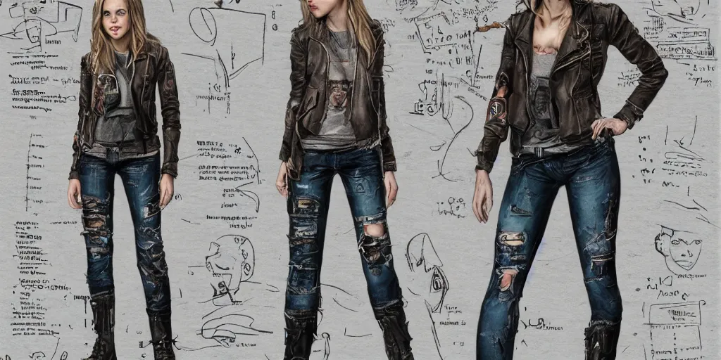 Prompt: halston sage as a tattooed wanderer, wearing scratched and ripped short leather jeans, wearing an aviator jacket with a smiley stamp on its back, character sheet, fine details, props, concept design, contrast, kim jung gi, greg rutkowski, trending on artstation, 8 k, full body, turnaround, front, back, ultra wide angle