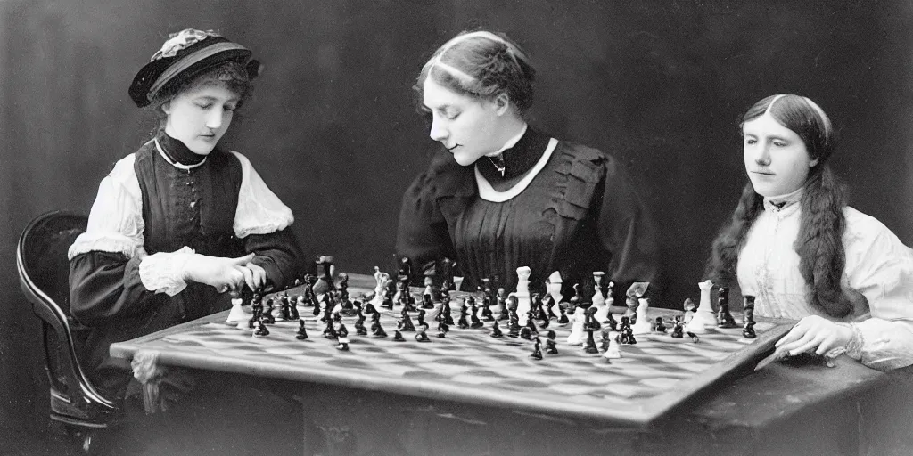 Image similar to a young edwardian woman playing chess against a rabbit