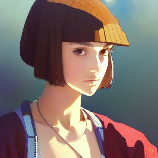 Image similar to a beautiful! boyish! natalie portman alluring gravure! model, wearing oversized mayan bomber jacket and leotard with overalls, bulky poofy bomber jacket with mayan patterns, gapmoe yandere grimdark, trending on pixiv fanbox, painted by greg rutkowski makoto shinkai takashi takeuchi studio ghibli, akihiko yoshida