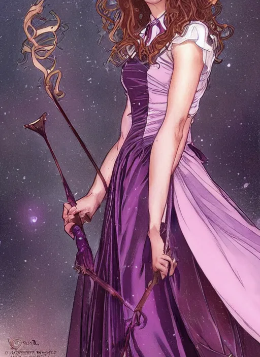 Prompt: hermione! granger! at hogwarts!! at the yule ball wearing pink and purple dress. emma watson. beautiful detailed face. by artgerm and greg rutkowski and alphonse mucha